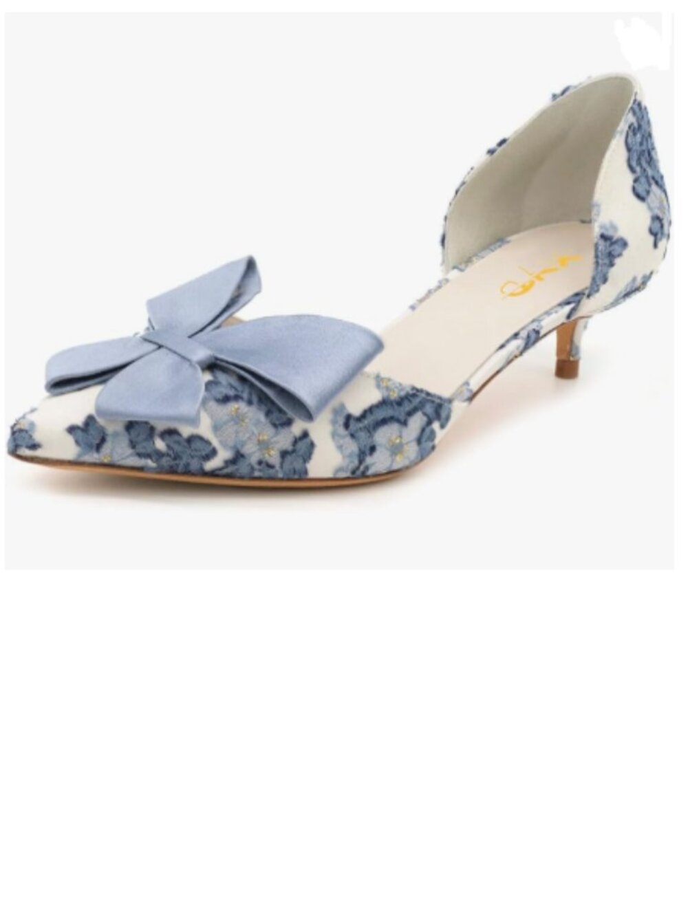 XYD Blue Bloom Embroidery D'Orsay Kitten Heel Bridal Bowknot Pointed Toe Pumps